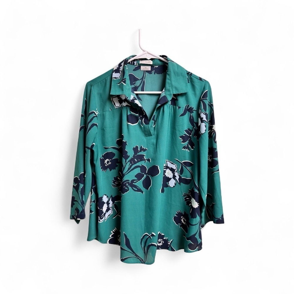 Van Heusen Women’s Floral Blouse Teal Navy Collared Long Sleeve Top Size M